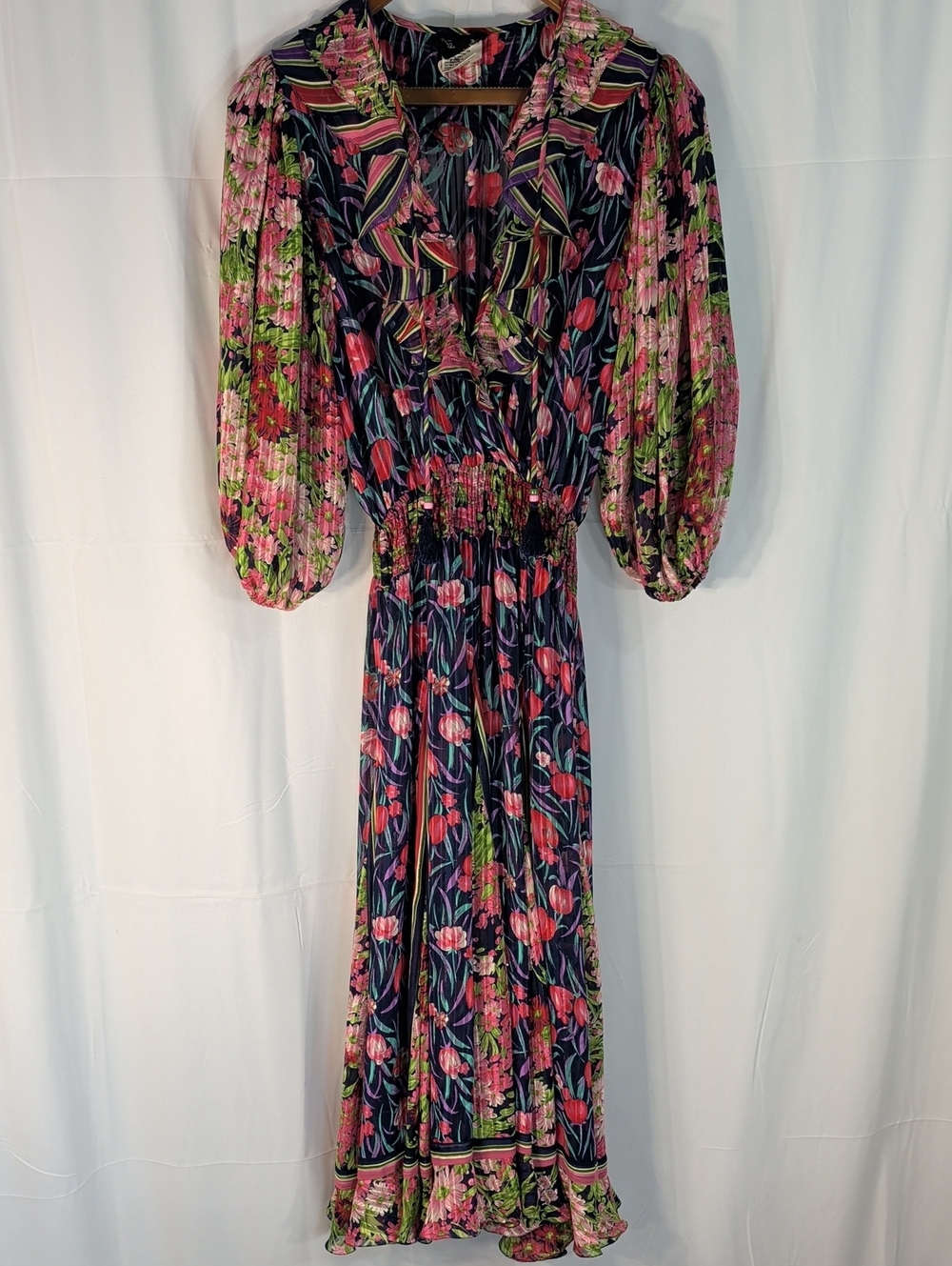 Navy Floral Maxi Dress with Pink and Green Accents
